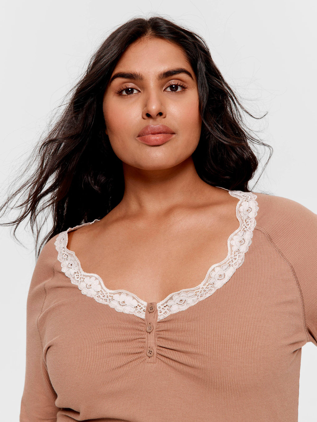 P.A. Plus Brown Lace Trim Bamboo Rib Henley Long Sleeve Top
