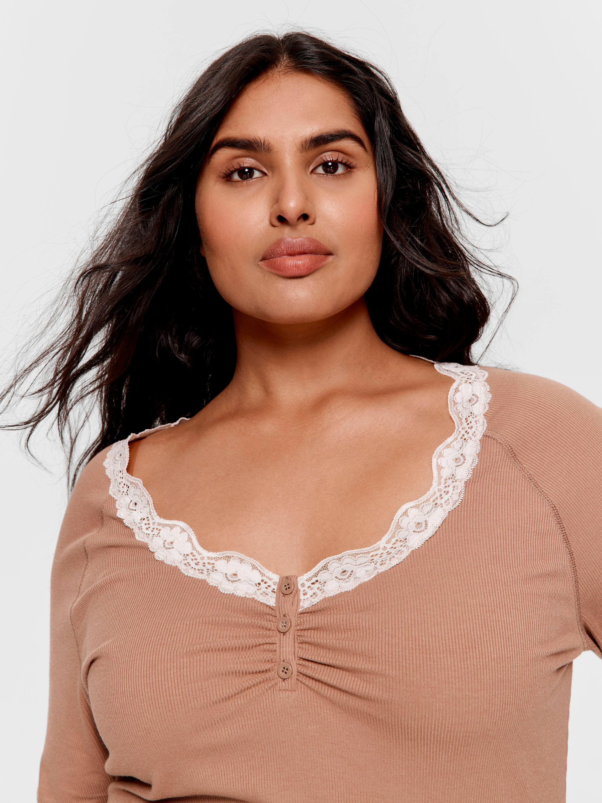 P.A. Plus Brown Lace Trim Bamboo Rib Henley Long Sleeve Top