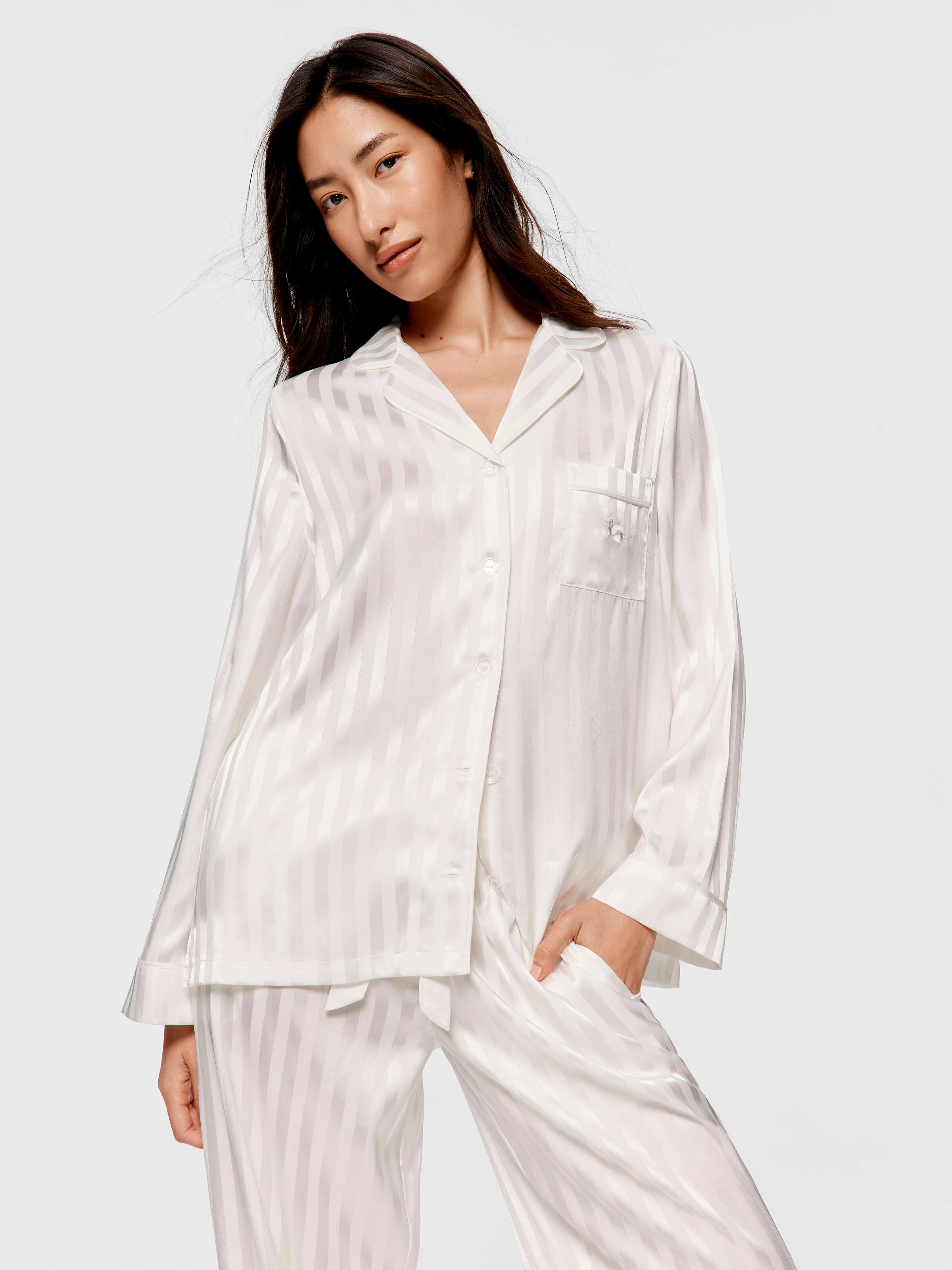 White Stripe Chic Satin Long Sleeve Pj Set