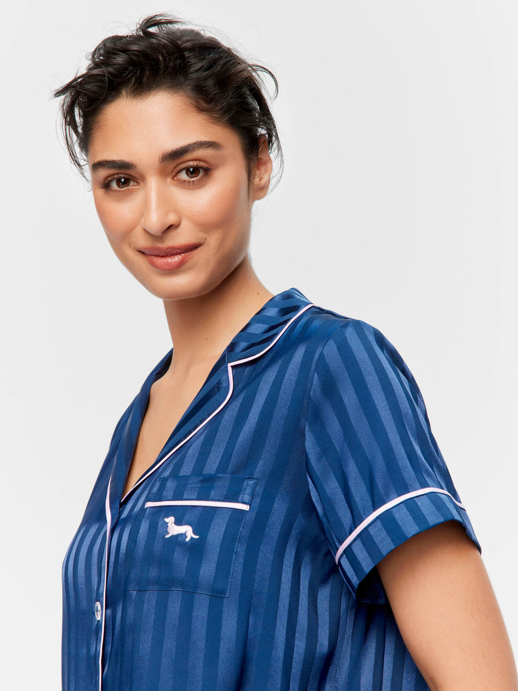 Navy Stripe Chic Satin Short Sleeve & Pant Pj Set