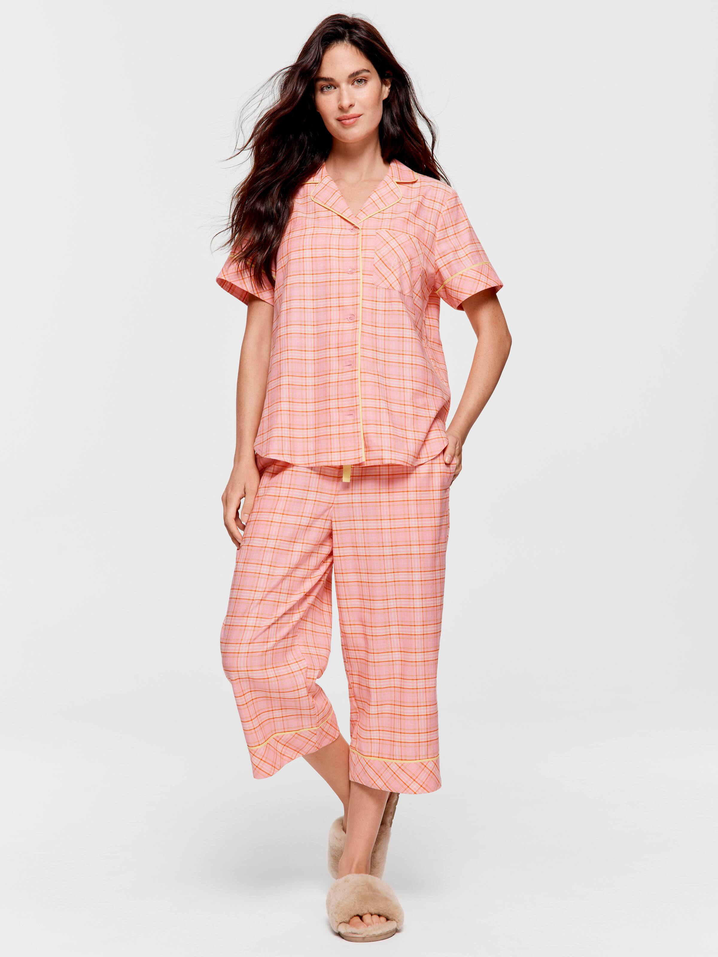 Pink & Yellow Check 100% Cotton 3/4 Pj Set
