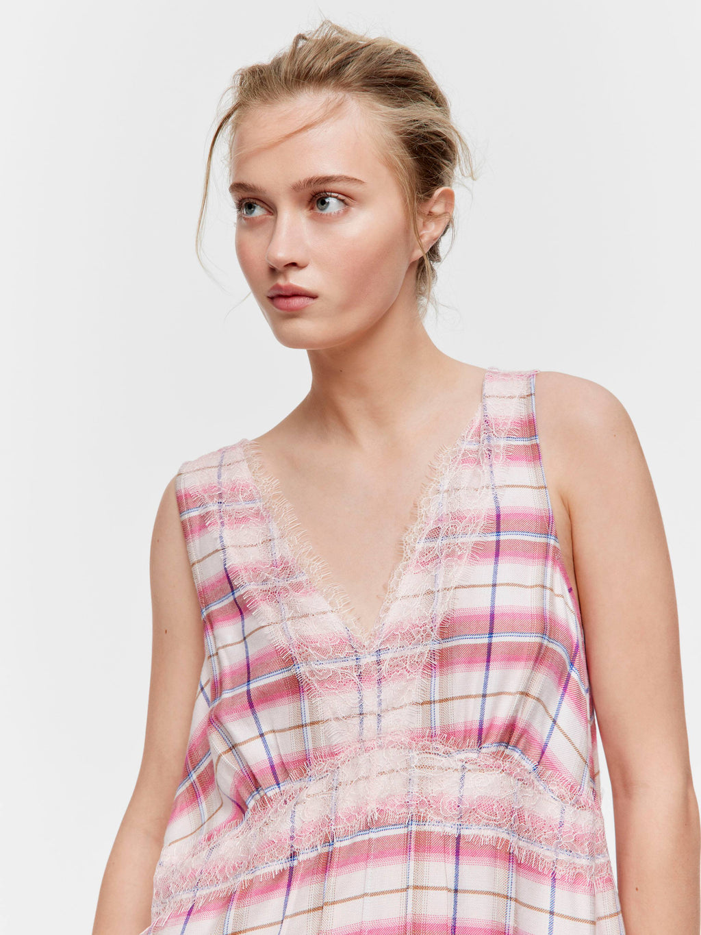Check Lace Trim Viscose Flannelette Fashion Nightie
