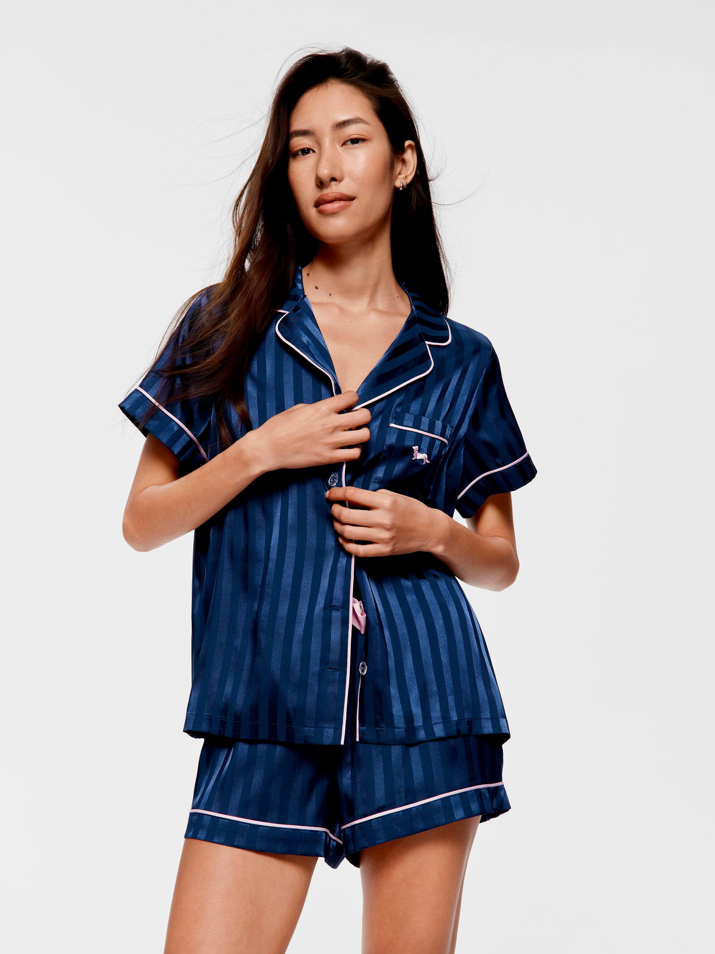 Navy Stripe Chic Satin Shortie Pj Set