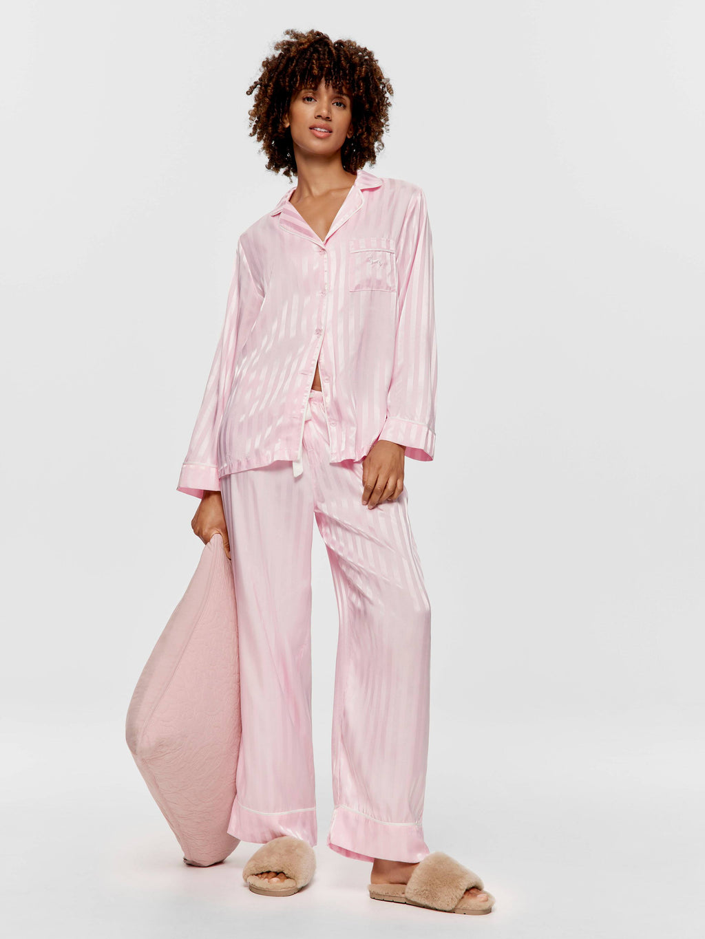 Long Pink Stripe Chic Satin Pj Set