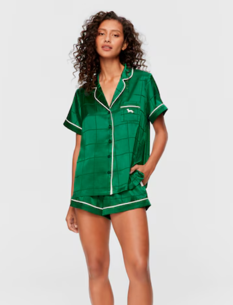 Green Check Satin Shortie Pj Set
