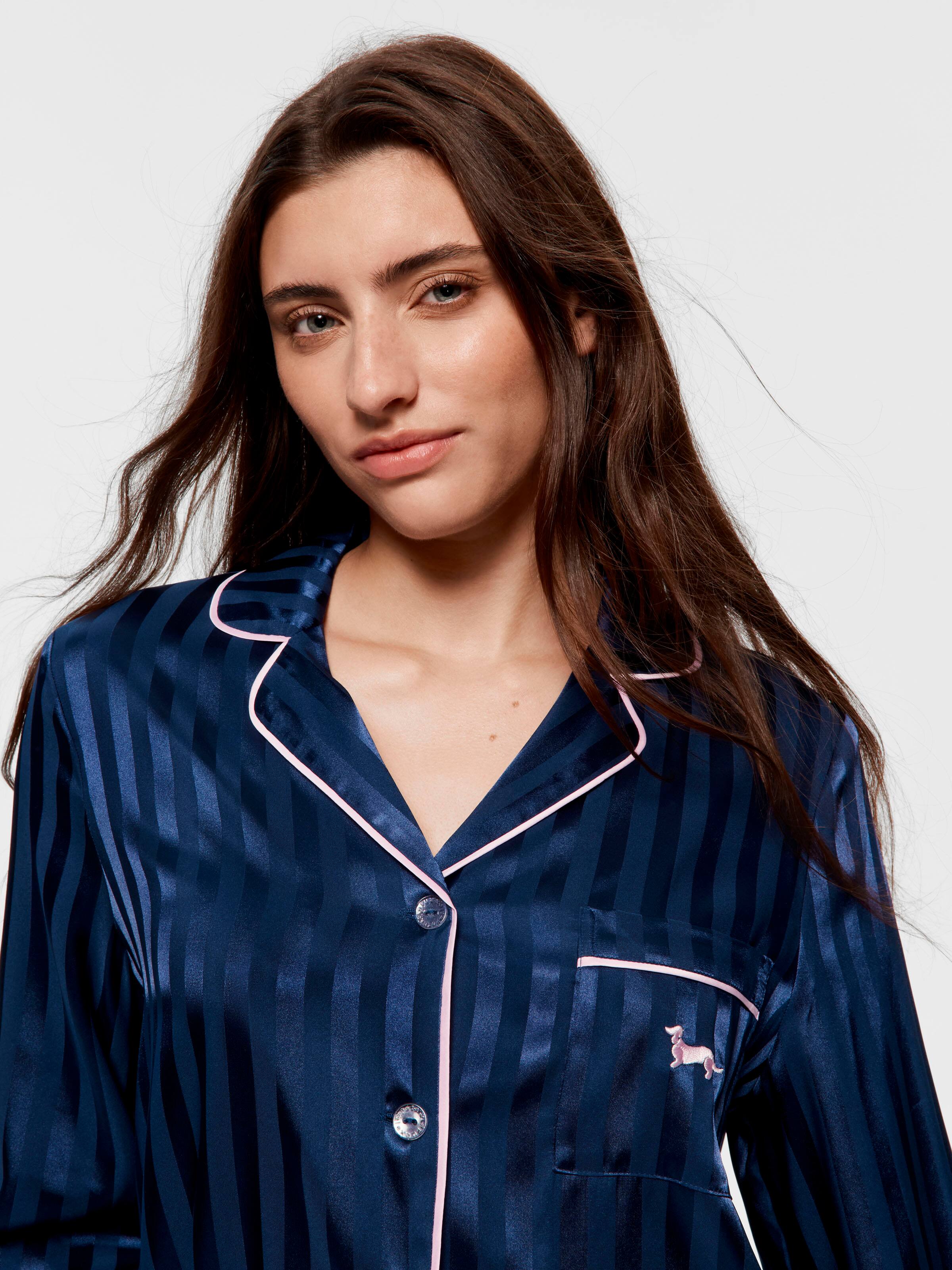 Navy Stripe Chic Satin Long Sleeve Pj Set