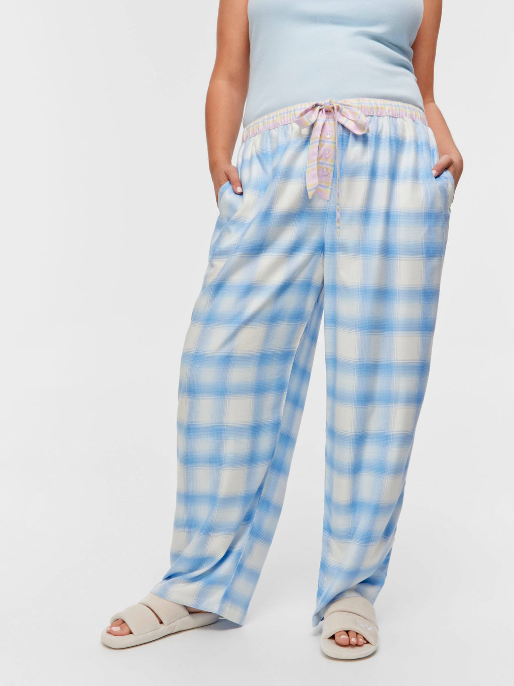 P.A. Plus Soft Blue Contrast Check Viscose Flannelette Classic Pj Pant