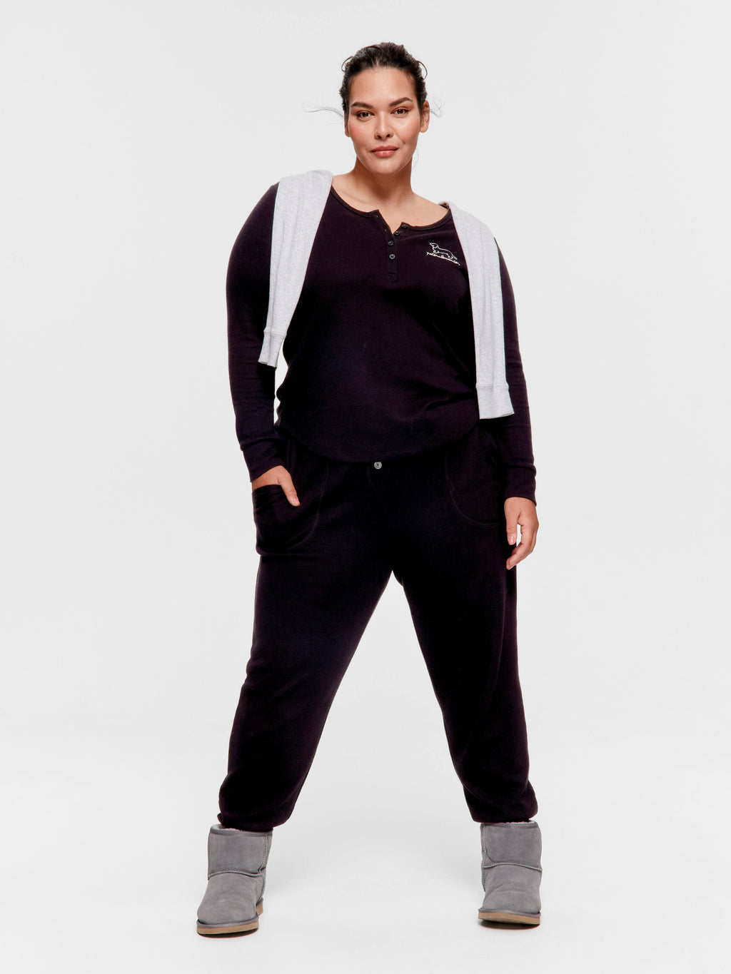 P.A. Plus Black Waffle Henley Long Sleeve Top