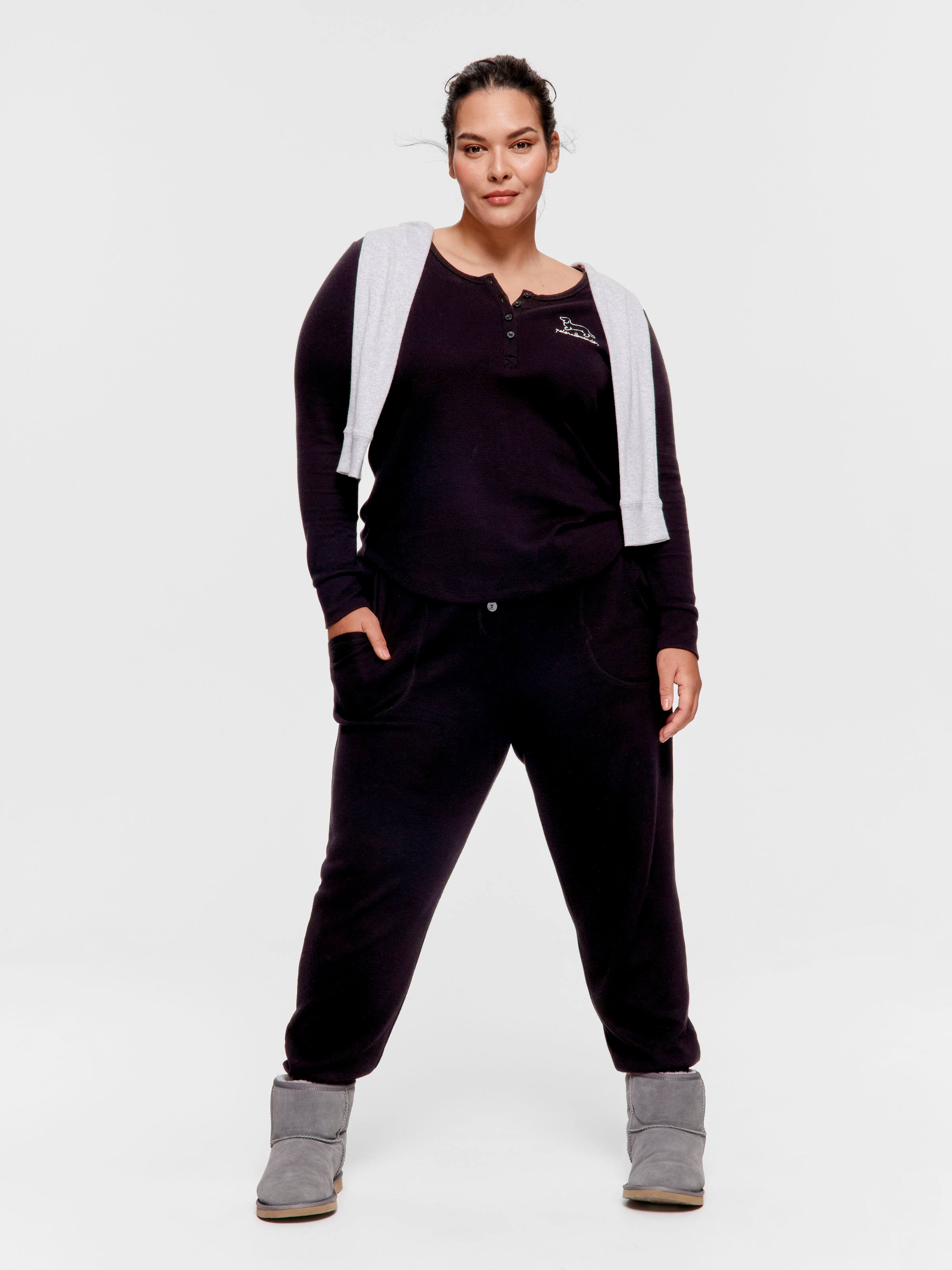 P.A. Plus Black Waffle Henley Long Sleeve Top