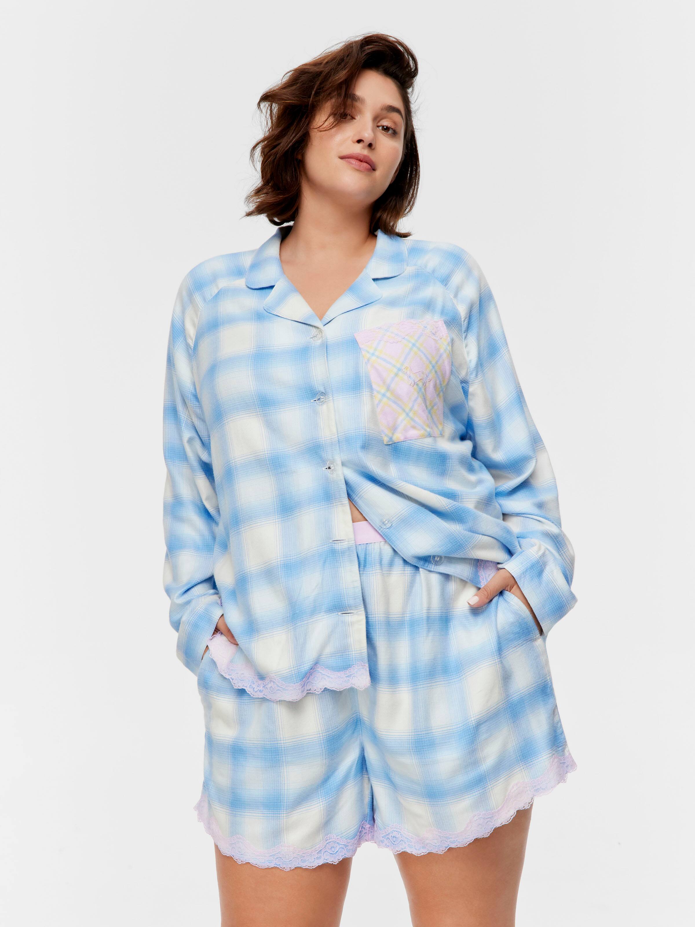 P.A. Plus Soft Blue Contrast Check Viscose Flannelette Lace Mid Short