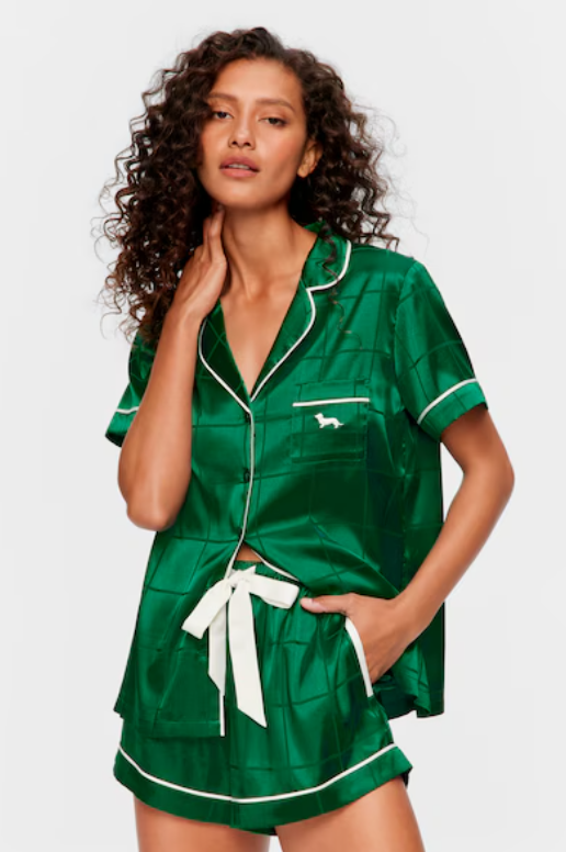 Green Check Satin Shortie Pj Set