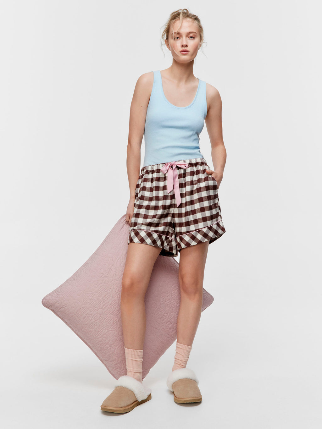 Chocolate Gingham Viscose Flannelette Mid Short