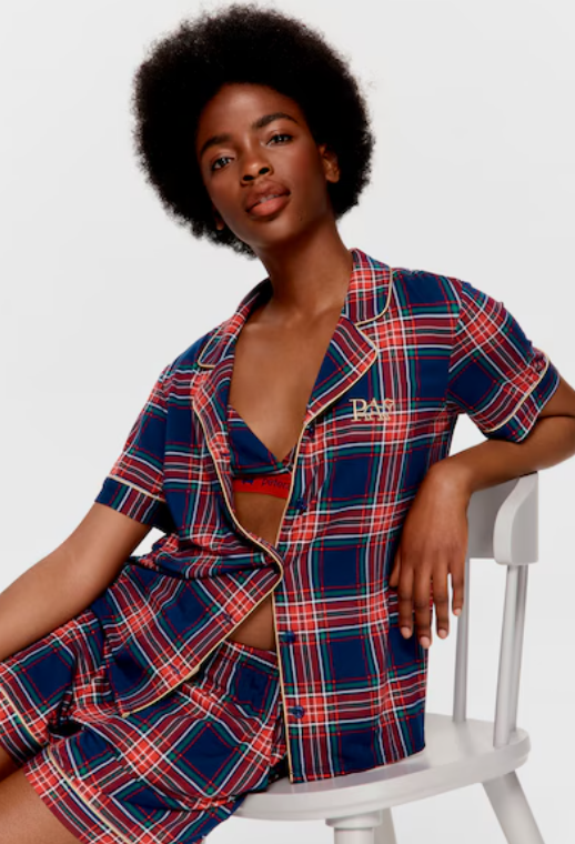 Navy Tartan Bamboo Blend Shortie Pj Set