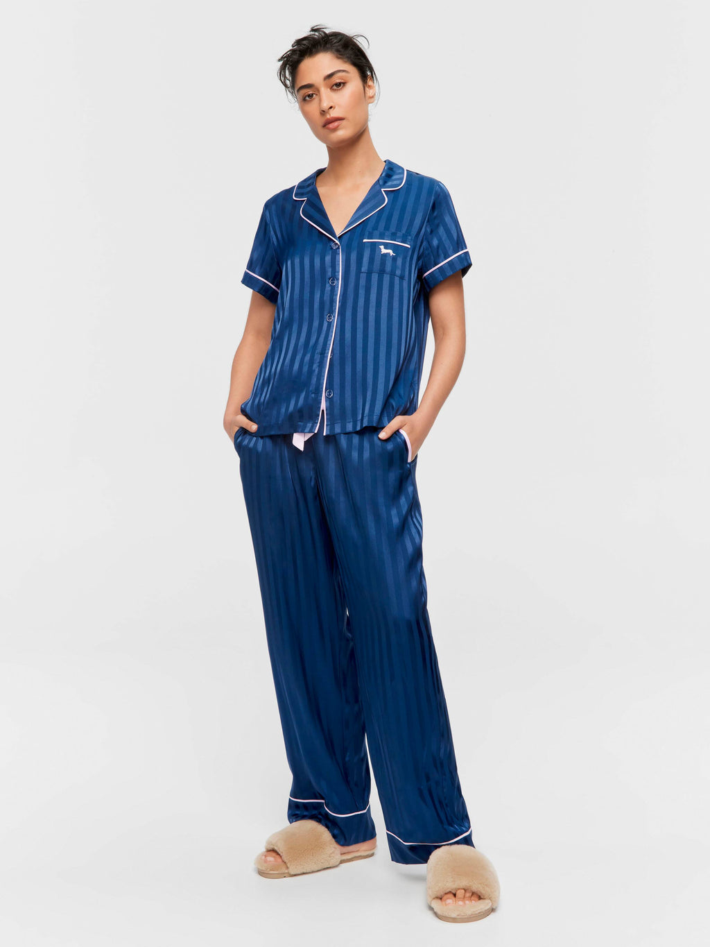 Navy Stripe Chic Satin Short Sleeve & Pant Pj Set
