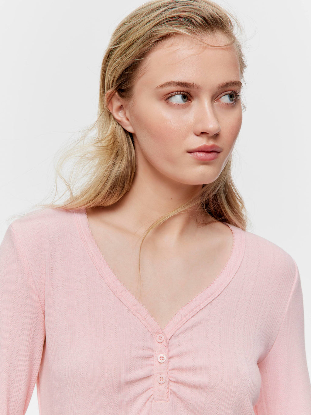 Pink Marle Pointelle Henley Long Sleeve Top