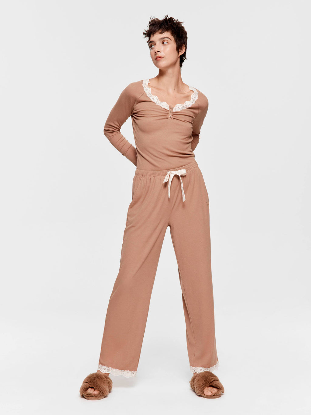 Brown Bamboo Rib Straight Leg Pj Pant