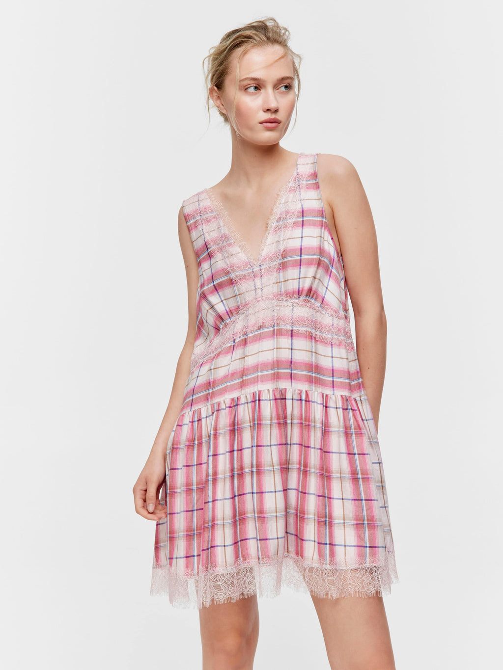 Check Lace Trim Viscose Flannelette Fashion Nightie