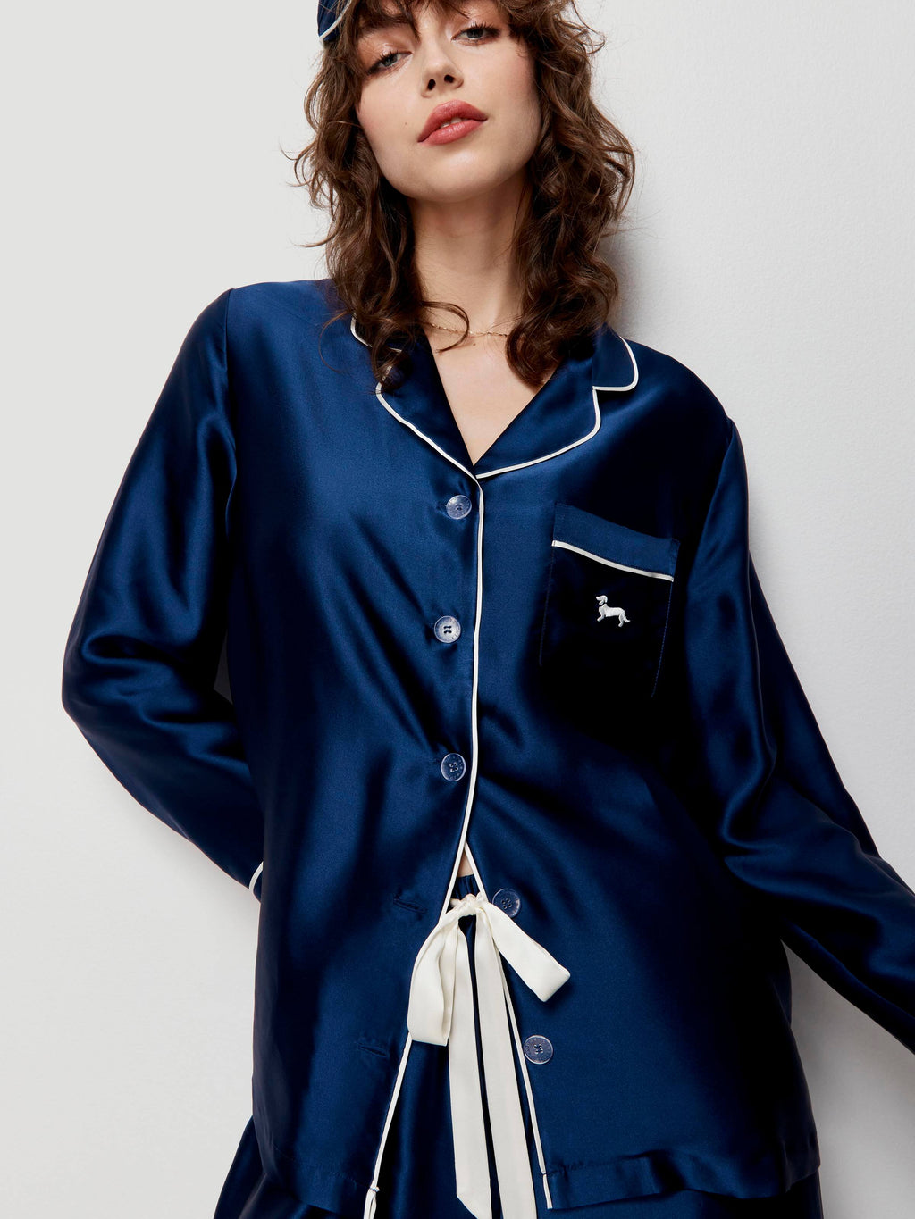 Navy Mulberry Silk Pj Set With Eye Mask