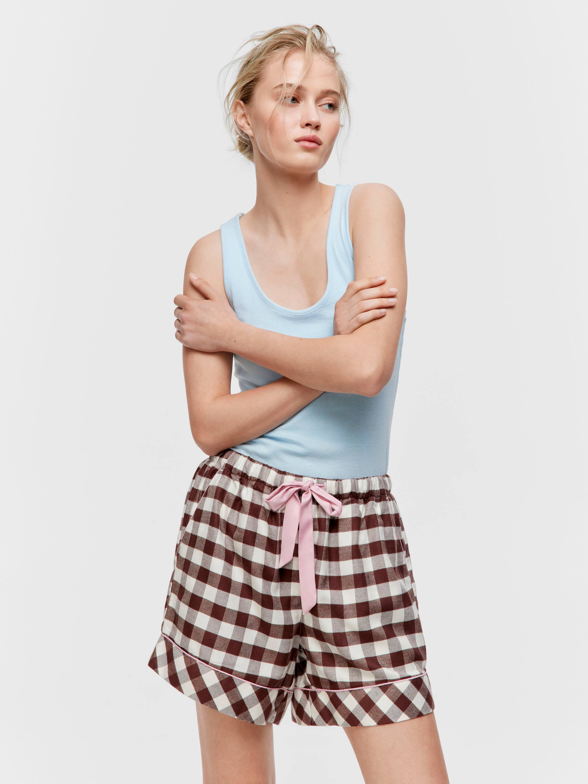 Chocolate Gingham Viscose Flannelette Mid Short
