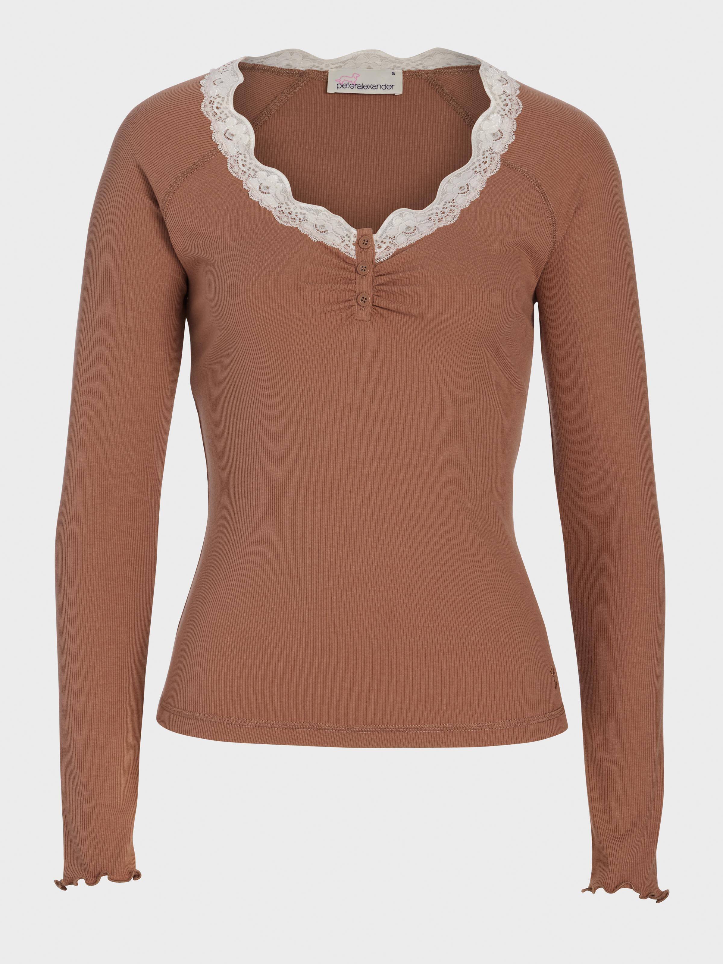 Brown Lace Trim Bamboo Rib Henley Long Sleeve Top