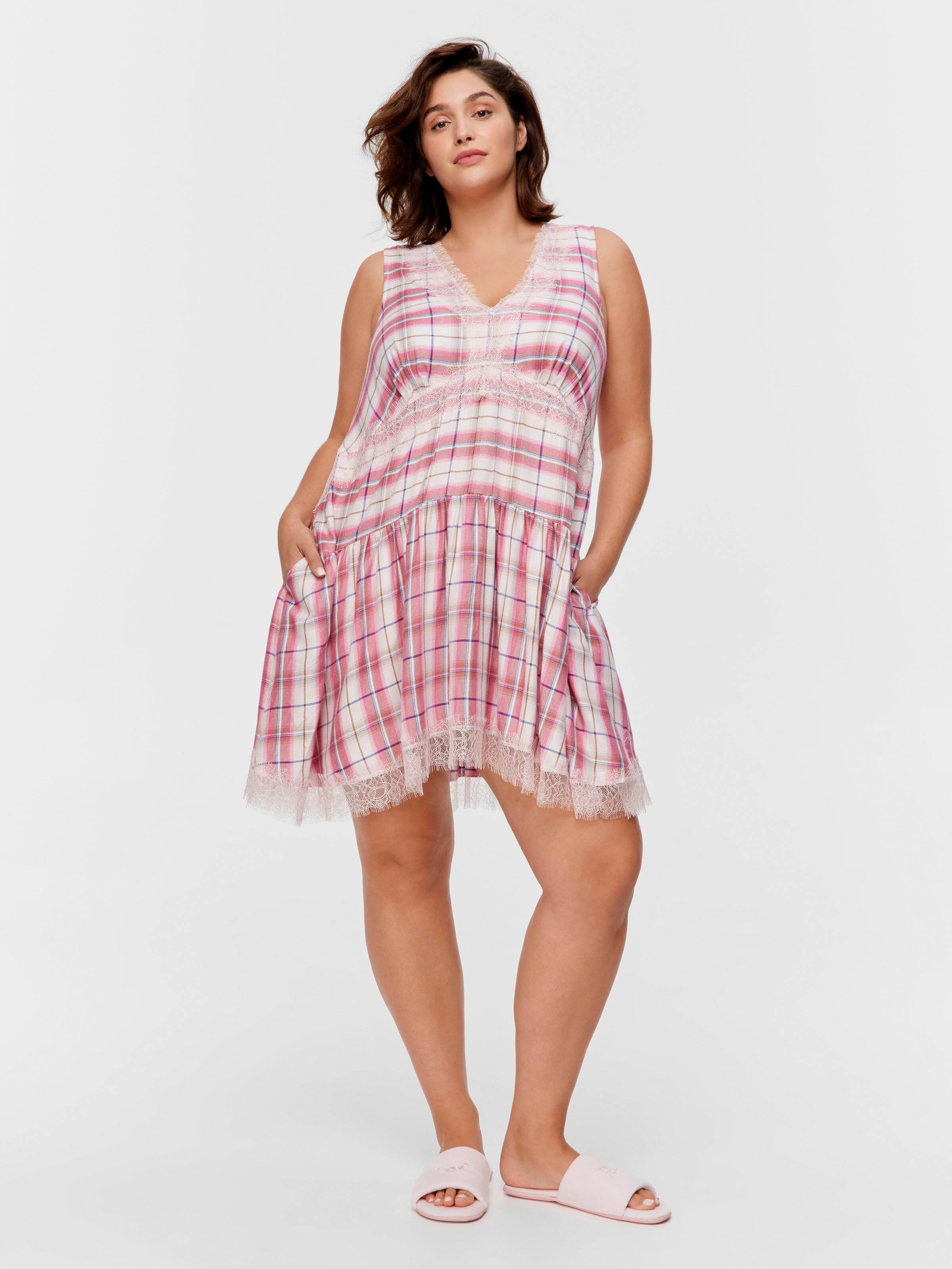 P.A. Plus Check Lace Trim Viscose Flannelette Fashion Nightie