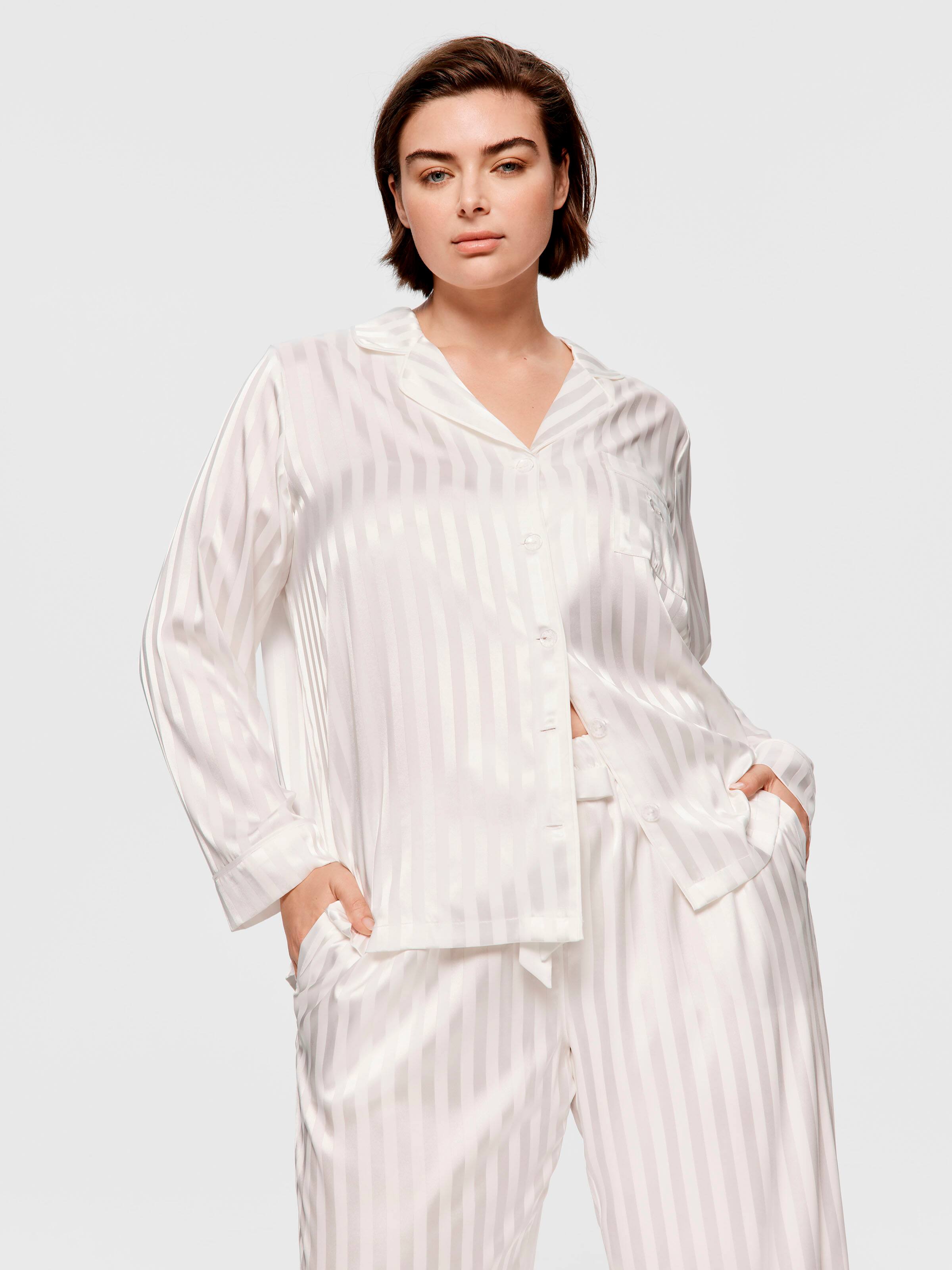 P.A. Plus White Stripe Chic Satin Long Sleeve Pj Set