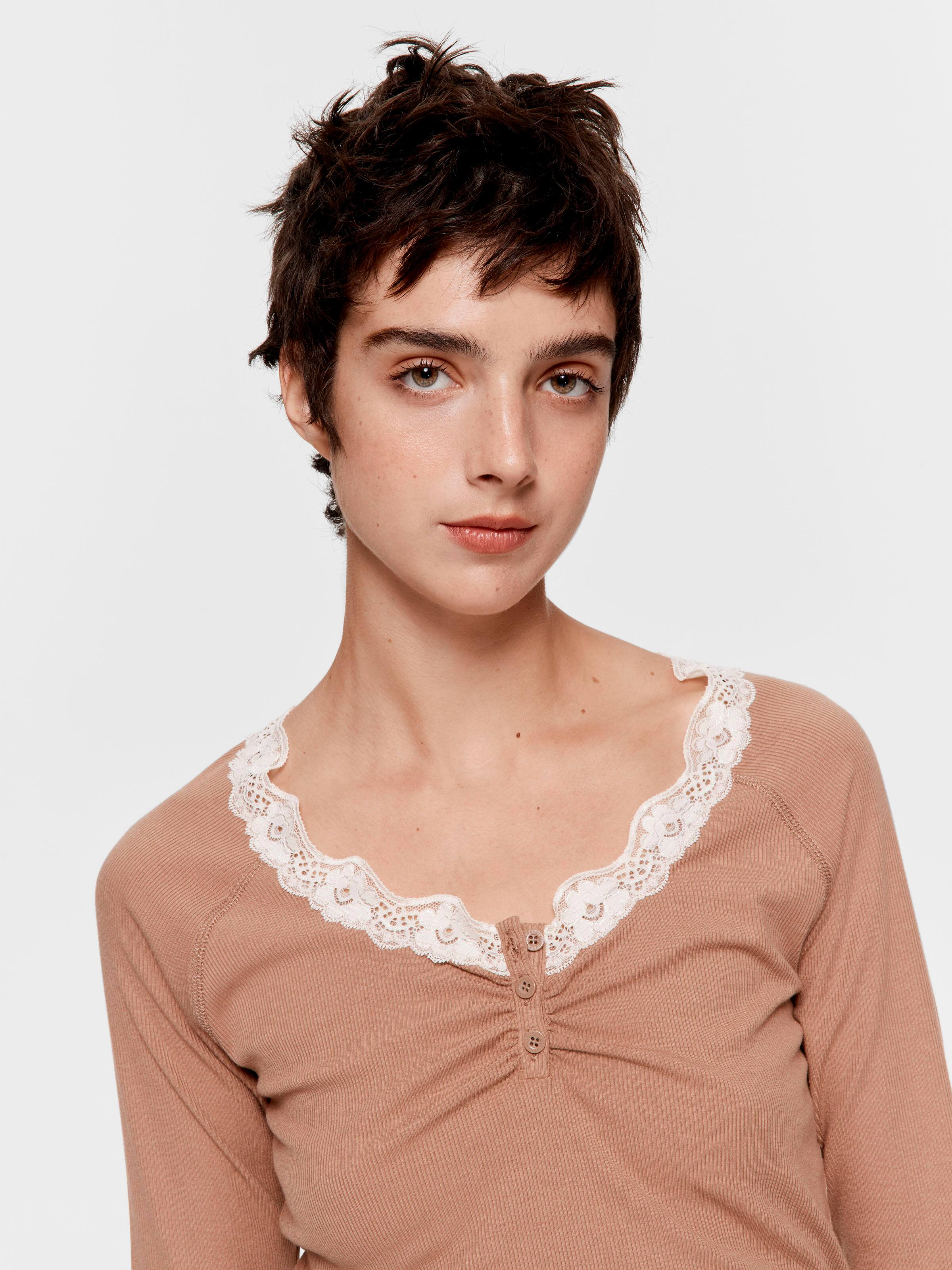 Brown Lace Trim Bamboo Rib Henley Long Sleeve Top