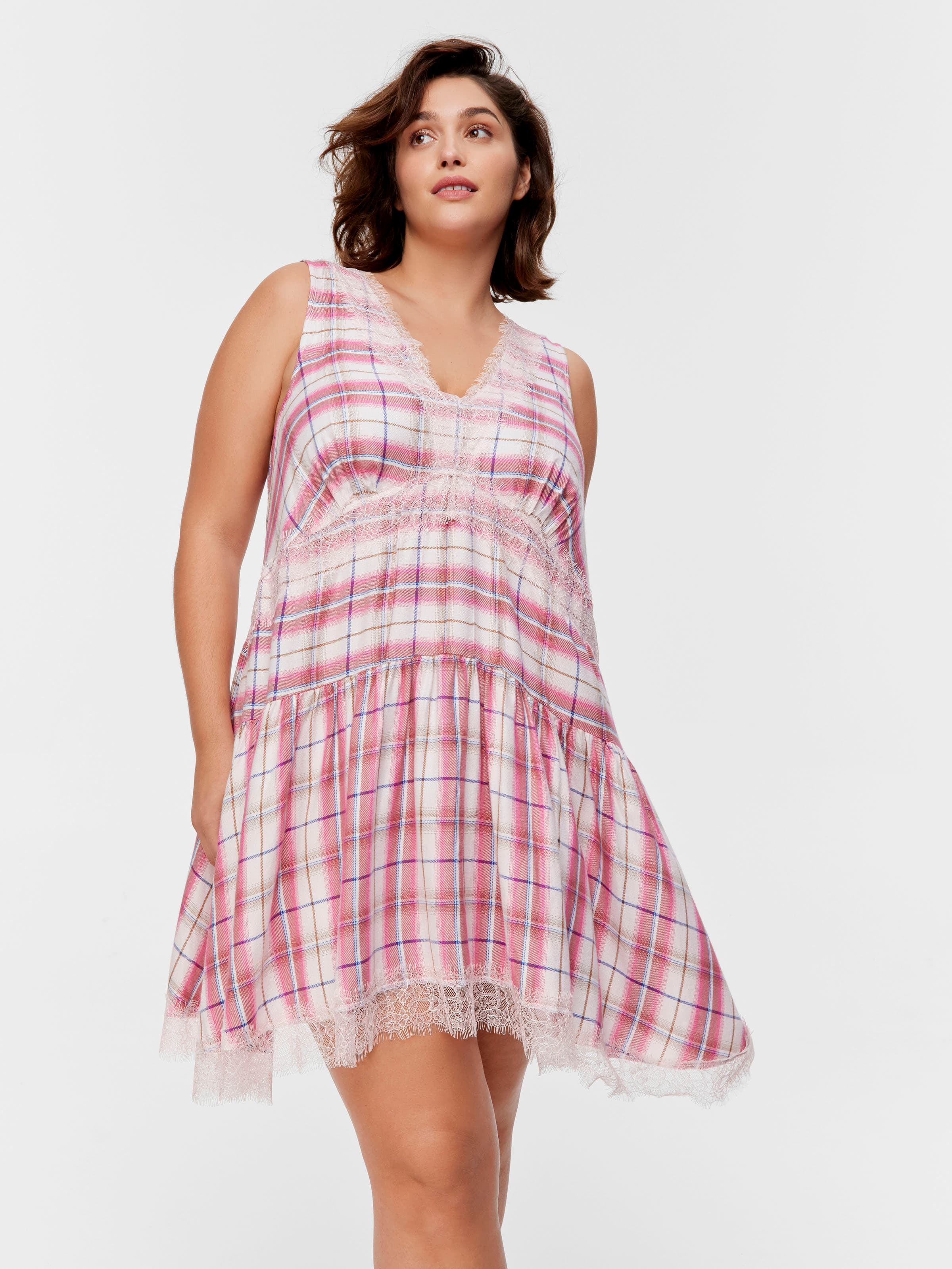 P.A. Plus Check Lace Trim Viscose Flannelette Fashion Nightie