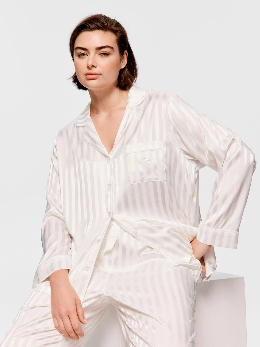 P.A. Plus White Stripe Chic Satin Long Sleeve Pj Set