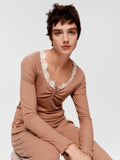 Brown Lace Trim Bamboo Rib Henley Long Sleeve Top
