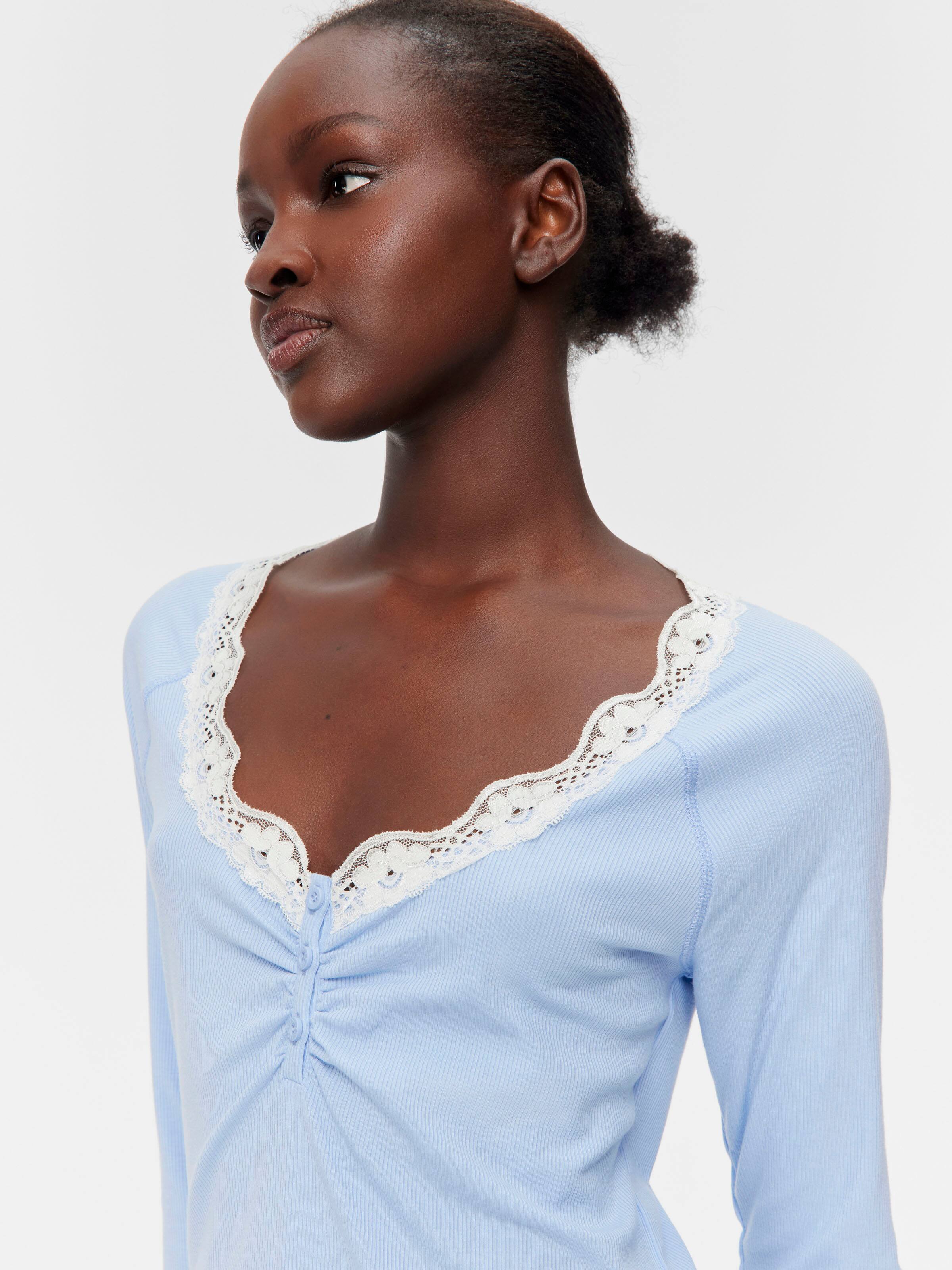 Bamboo Rib Long Sleeve Lace Trim Nightie