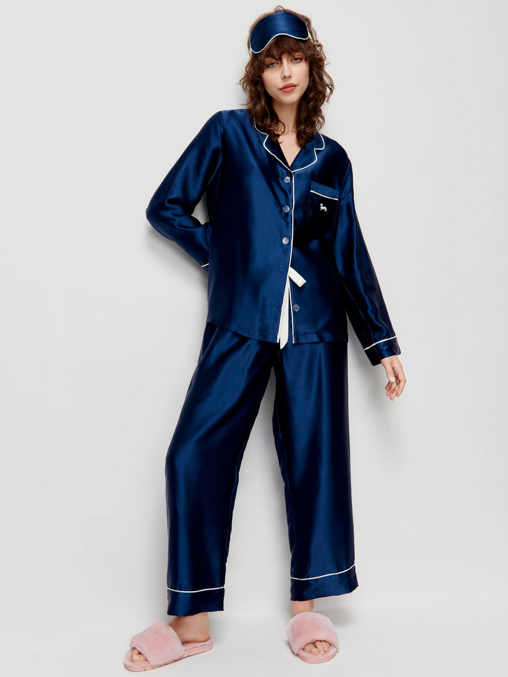 Navy Mulberry Silk Pj Set With Eye Mask