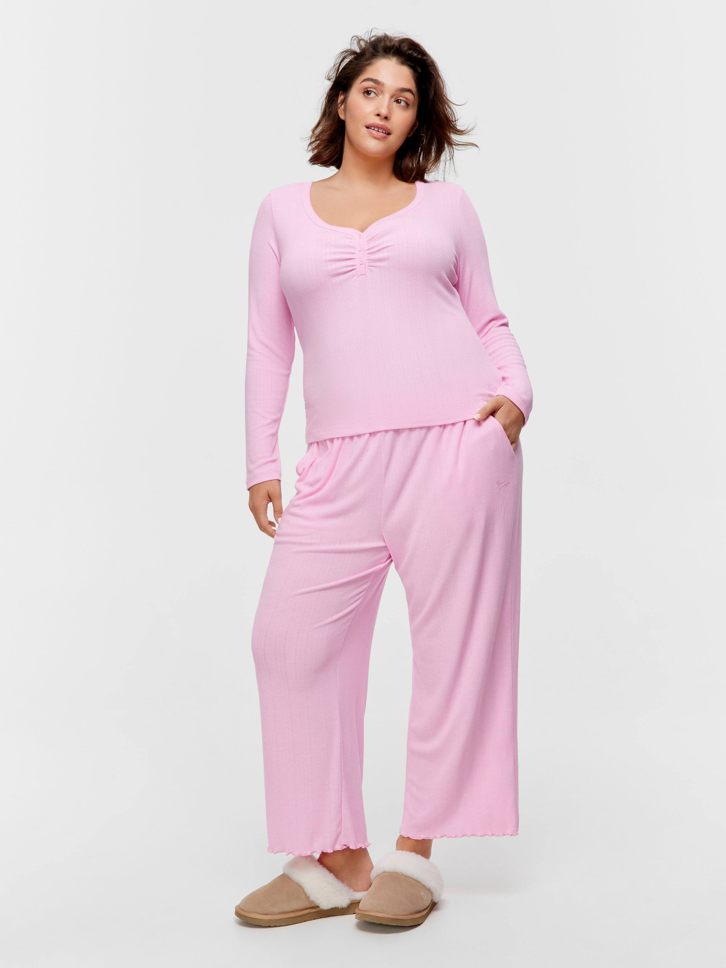 P.A. Plus Pink Marle Pointelle Henley Long Sleeve Top