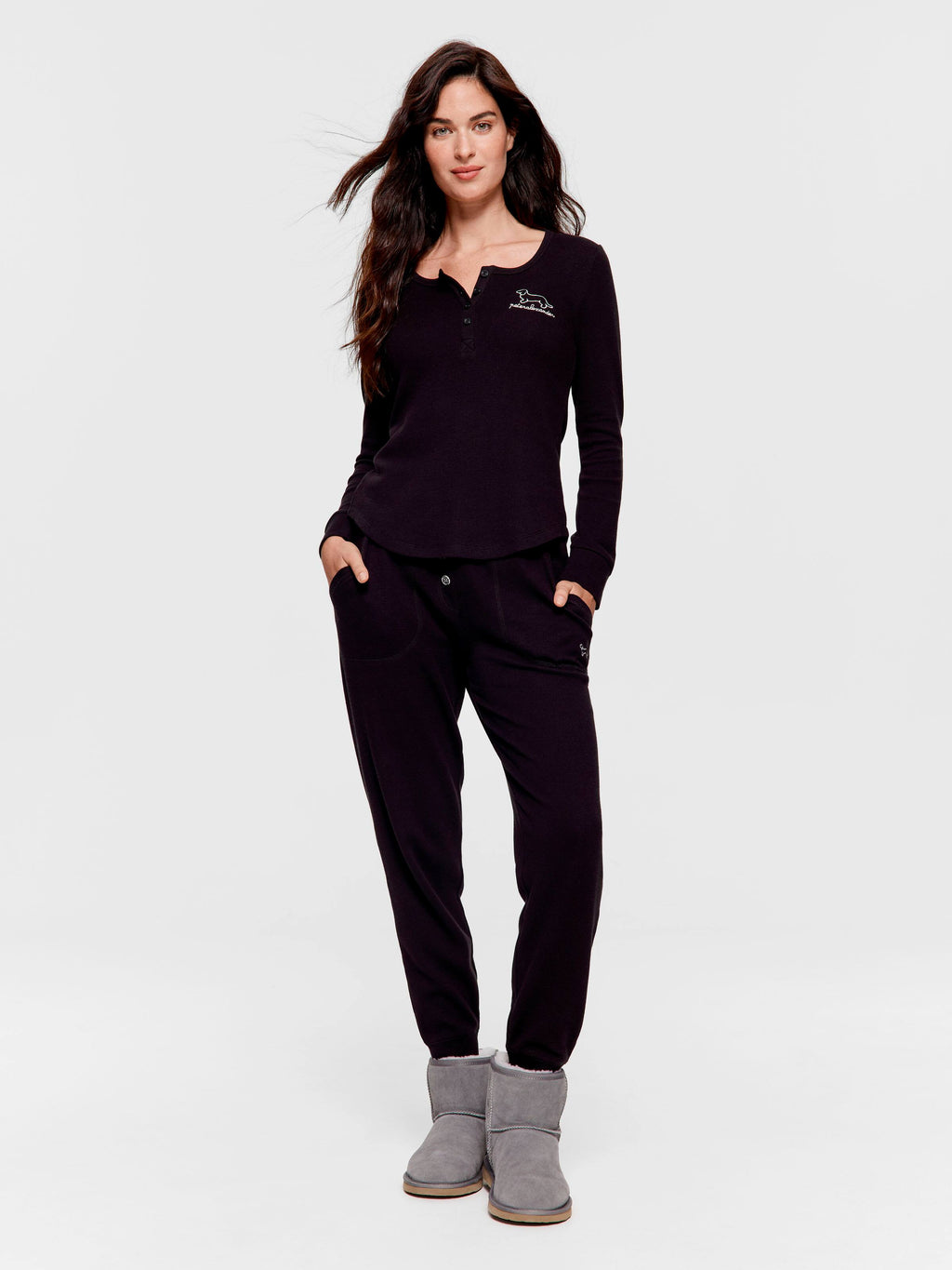 Black Waffle Henley Long Sleeve Top