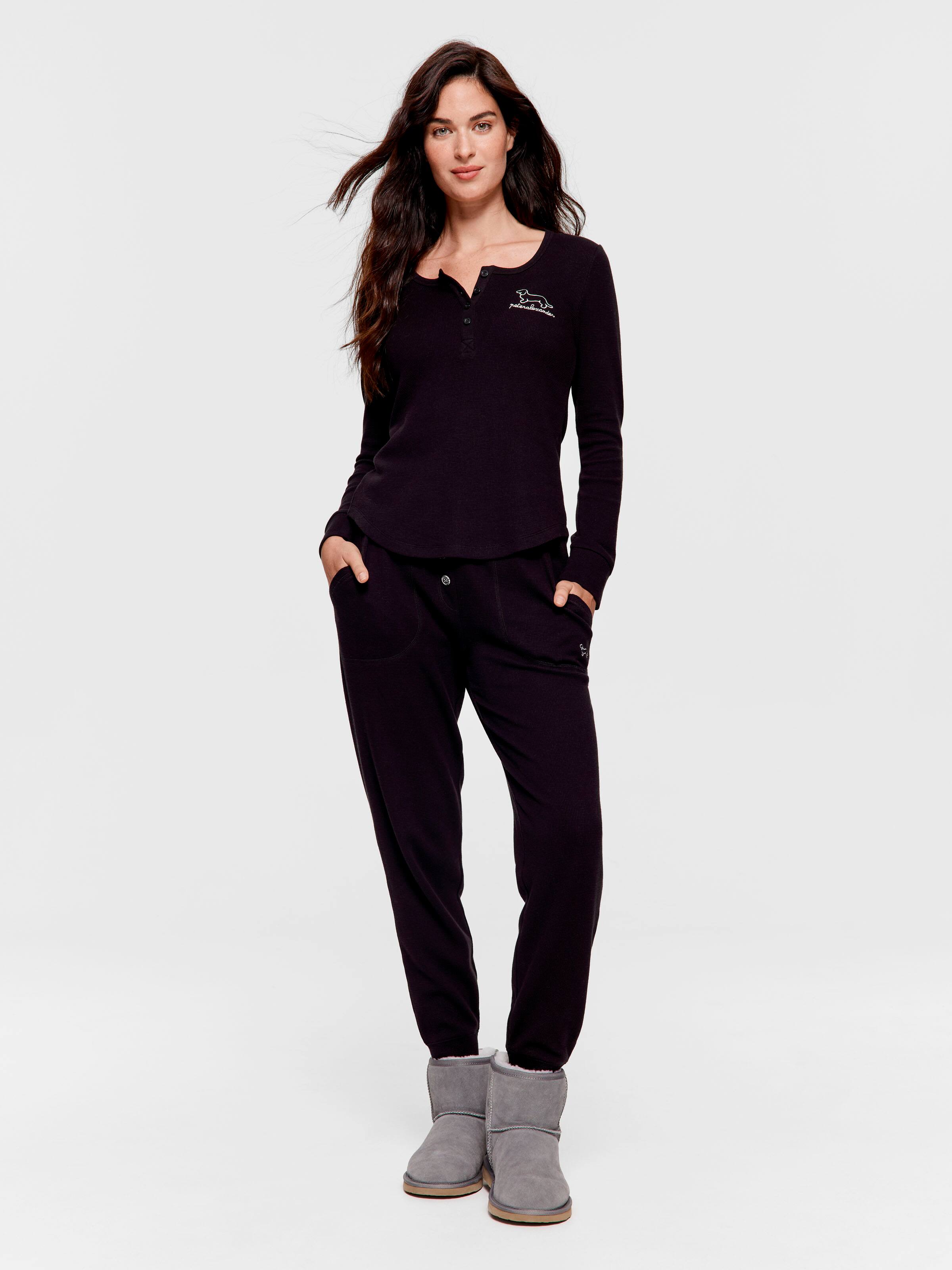 Black Waffle Henley Long Sleeve Top