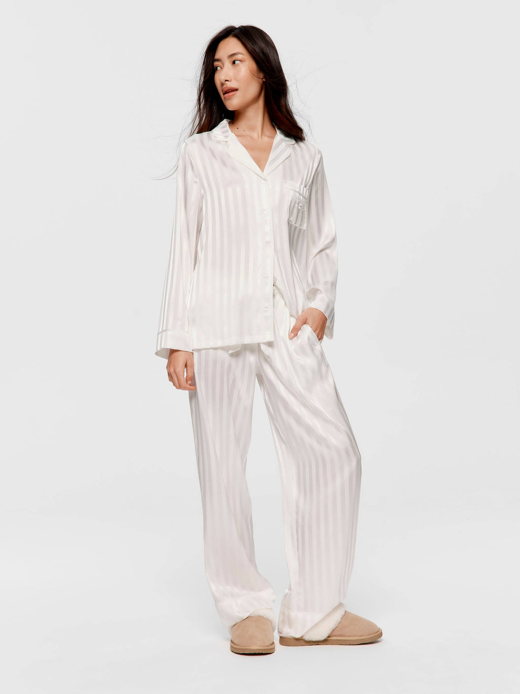White Stripe Chic Satin Long Sleeve Pj Set
