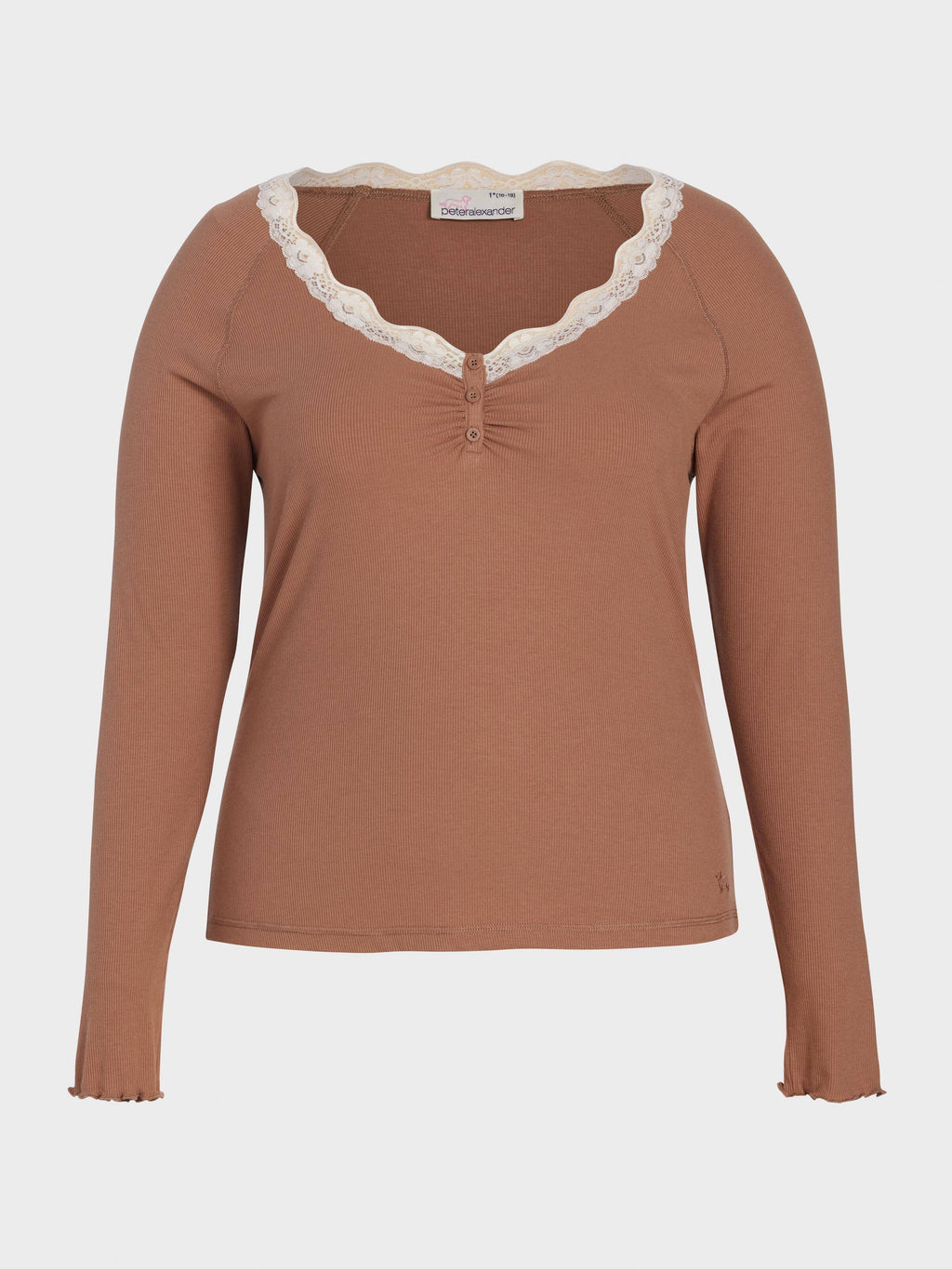 P.A. Plus Brown Lace Trim Bamboo Rib Henley Long Sleeve Top