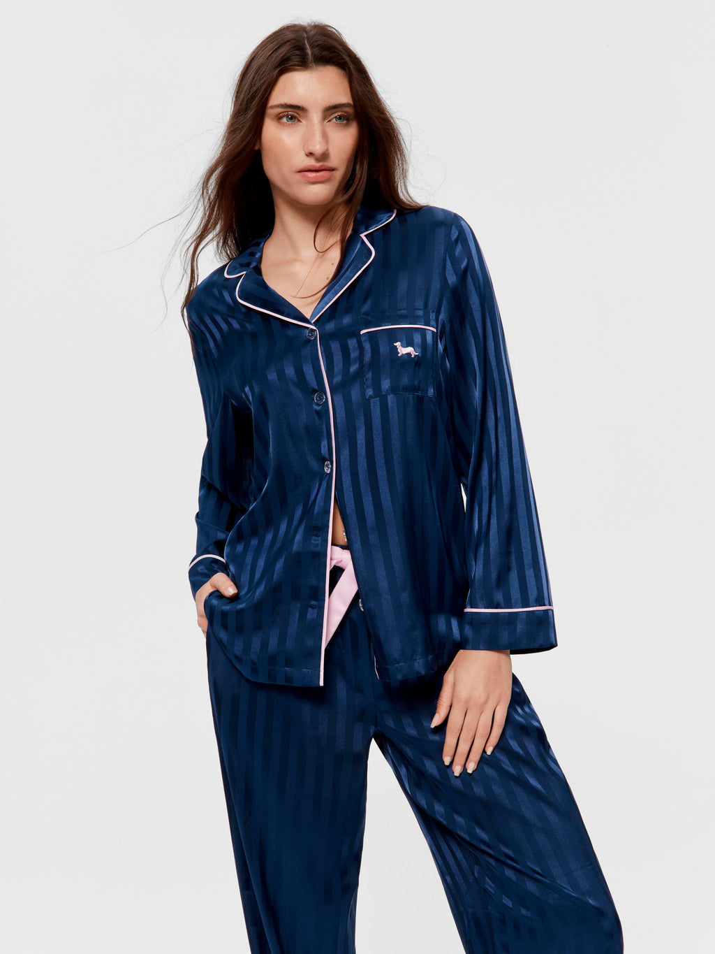 Navy Stripe Chic Satin Long Sleeve Pj Set