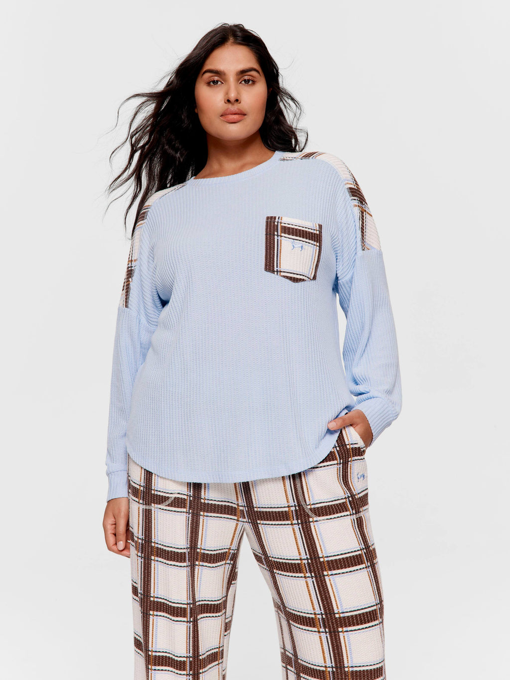 P.A. Plus Brushed Waffle Check Oversized Long Sleeve Top