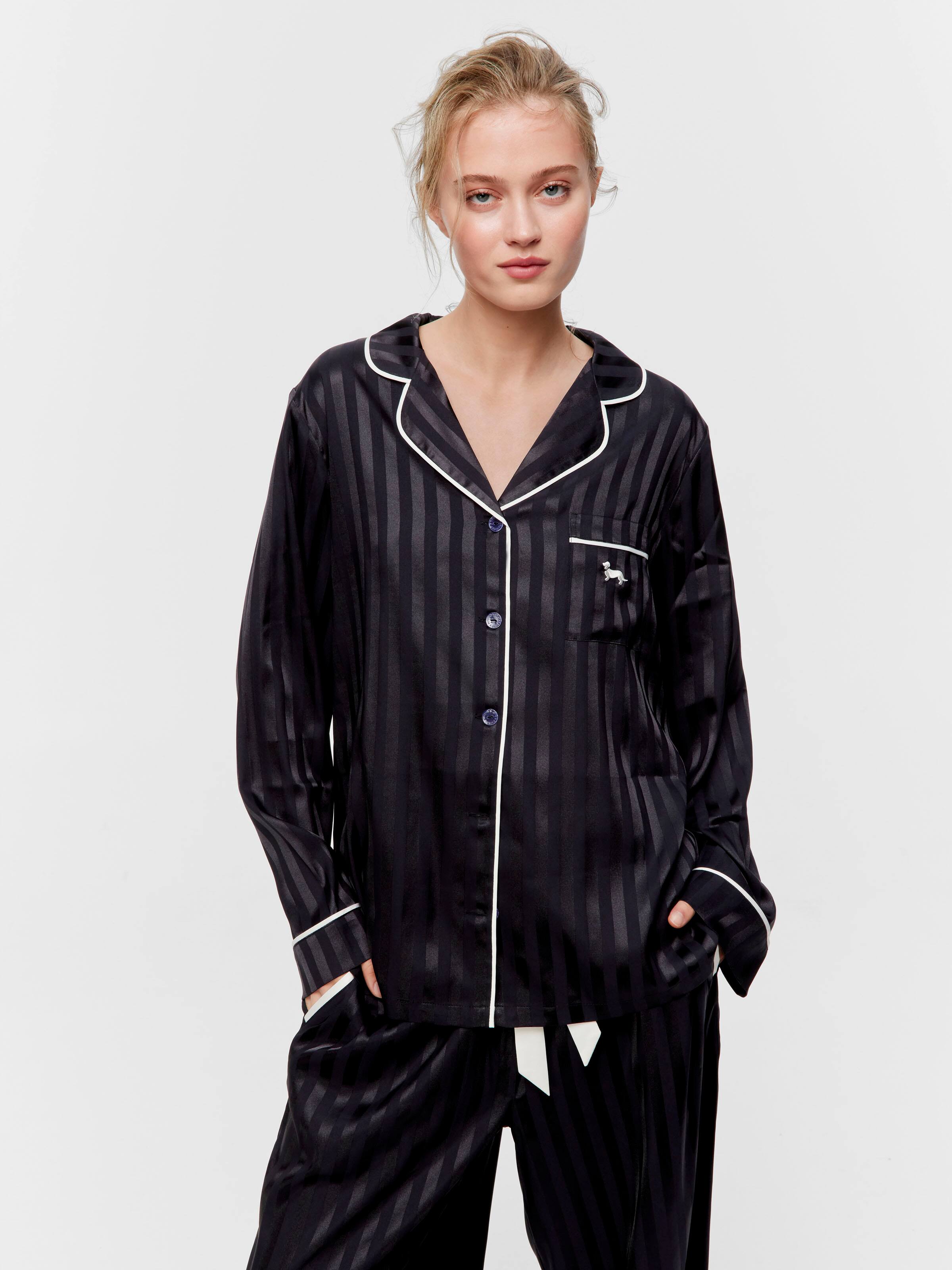 Black Stripe Chic Satin Long Pj Set